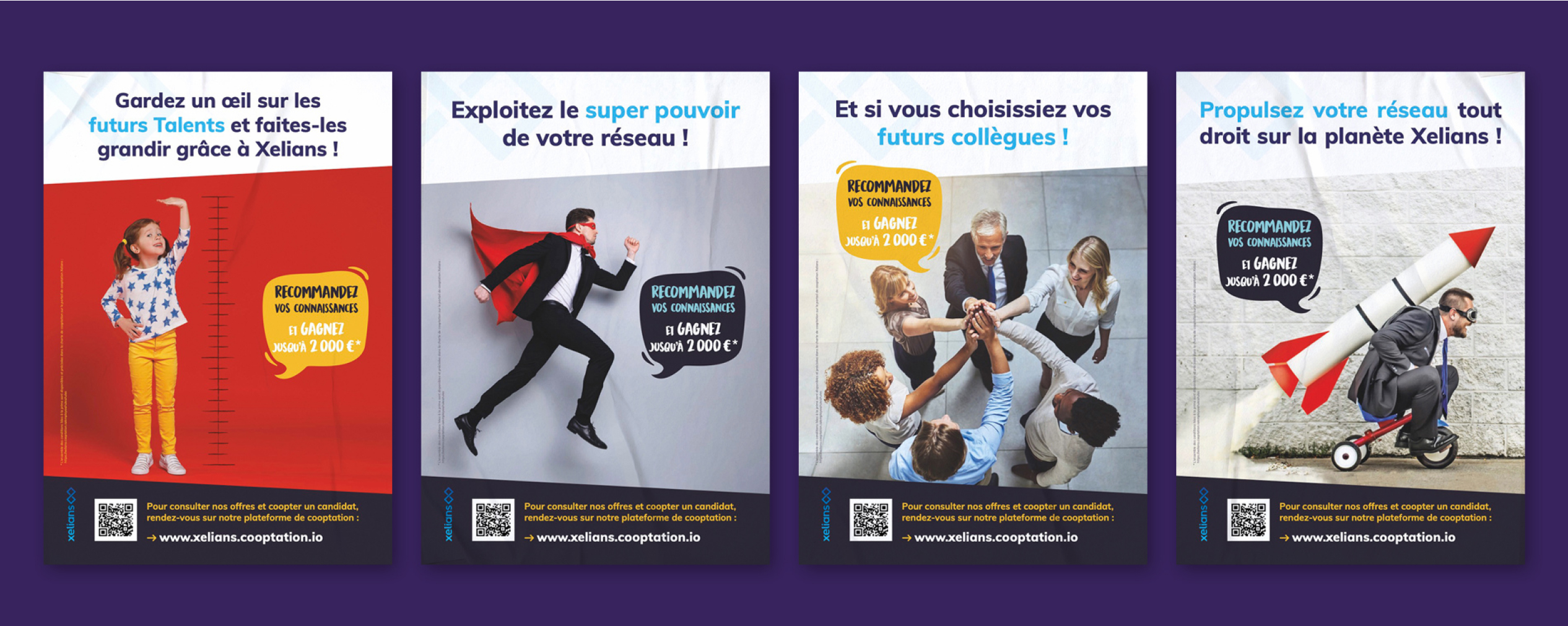 Agence Pixine : aperçu de 4 affiches pour la cooptation réalisées pour Xelians