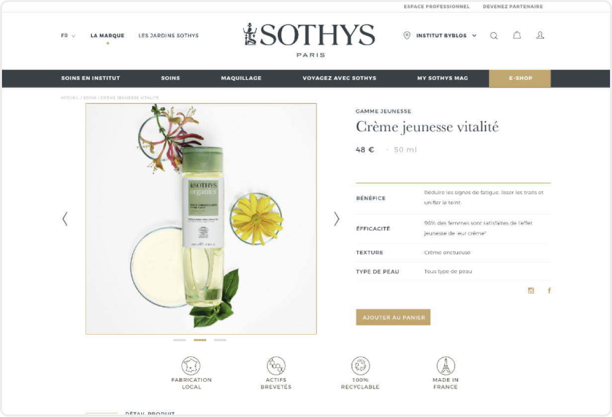 Agence Pixine : refonte du site internet de sothys.fr : vue page produit