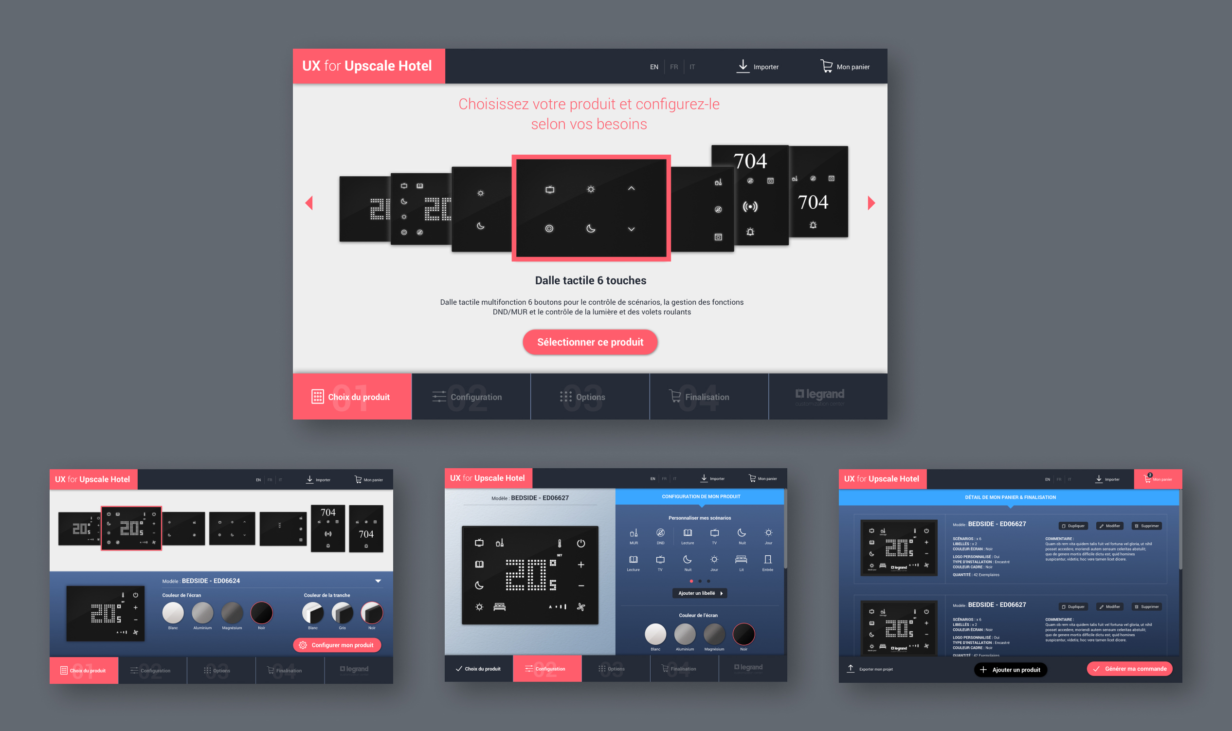 Agence Pixine : conception graphique de l'application UX for Upscale Hotel des marques Legrand et Bticino.