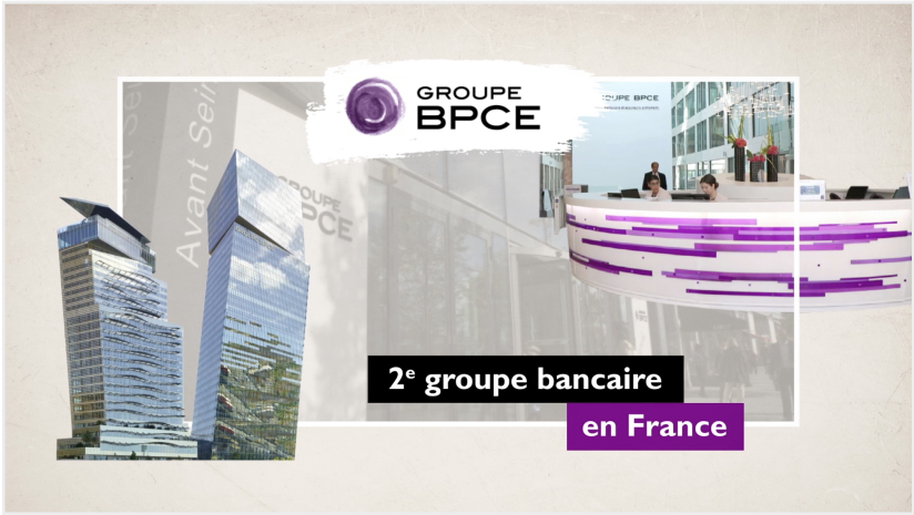 Agence Pixine : écran sur "Groupe BPCE, 2e groupe bancaire en France" issu du projet motion FNBP Histoires