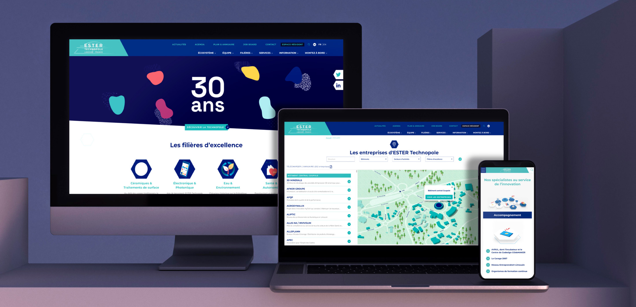Agence Pixine : conception et développement du site internet d'ESTER Technopole (vue responsive)