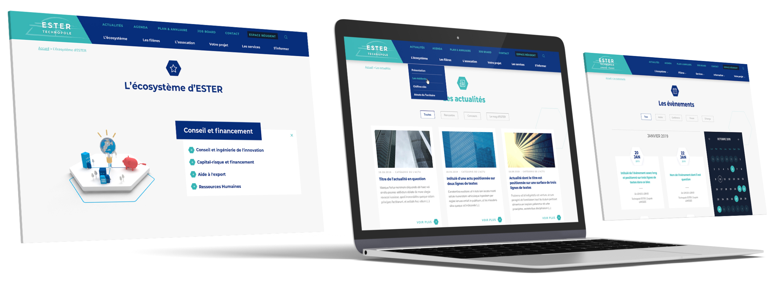 Agence Pixine : conception et développement du site internet d'ESTER Technopole (vue desktop)