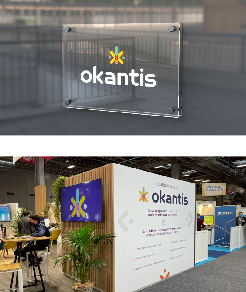 Agence Pixine : aperçu de la plaque d'accueil et du stand Okantis